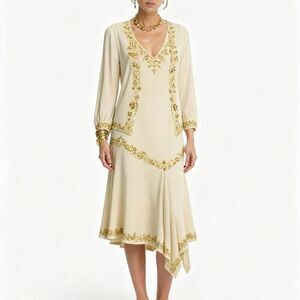 Midnight Velvet Beaded Cream Midi Evening Formal Dress & Cardigan